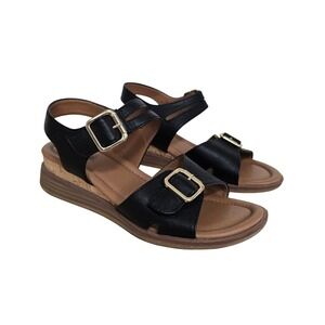 Eurosoft Magnolia Black Faux Leather Wedge Sandals Women's Size 8 Buckle Comfort